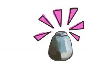 A digital drawing of a blue vase. Cartoony pink exclamations are popping out of the neck of the vase.