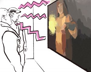 Digital drawing of two men admiring a painting of a girl holding a sparkler.