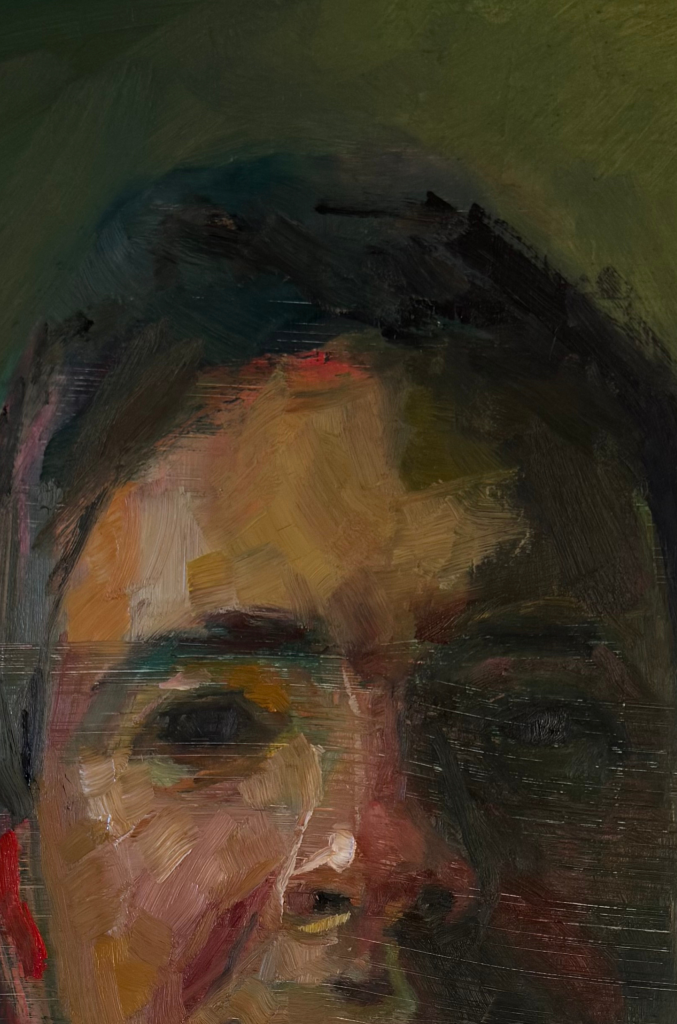 Oil painting of a man; his lips are obscured.