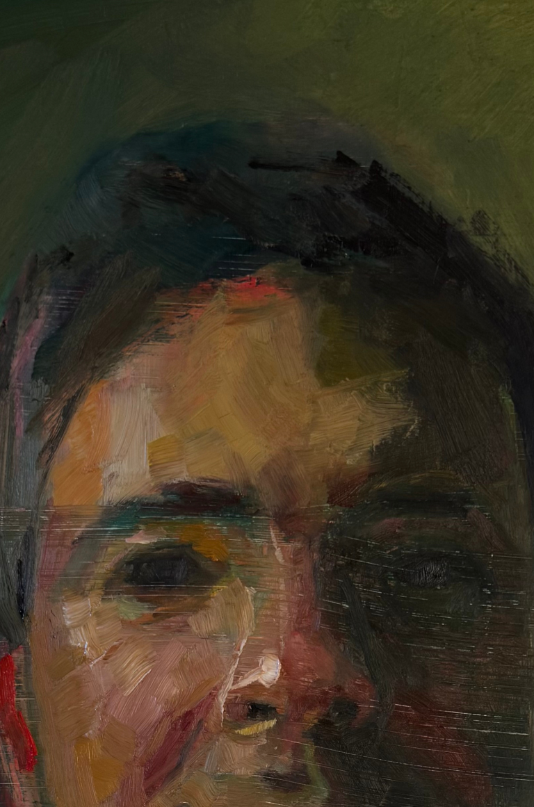 Oil painting of a man; his lips are obscured.