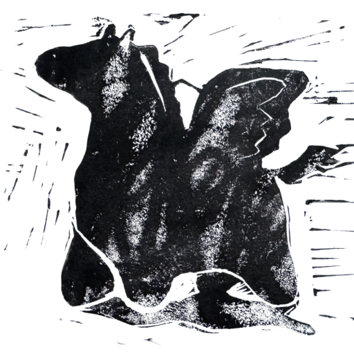 Maddie Madrigal logo: a black linocut print of a pegasus.