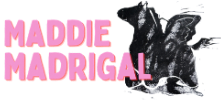 Maddie Madrigal logo— Maddie Madrigal is in Pink font. To the right, a black linocut print of a pegasus.